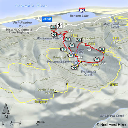 Wahkeena Falls ~ Fairy Falls ~ Wahkeena Springs Hike map